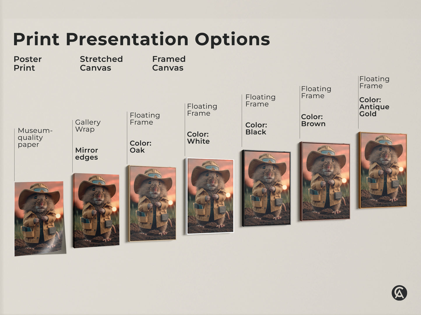 Explore print presentation options of the mouse explorer art. Choose from poster prints or stretched canvas. Different frame colors such as black or brown are available. A perfect gift for animal lovers.