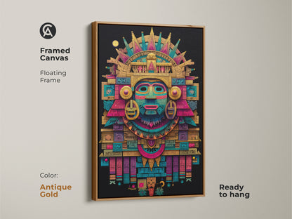 Framed canvas of Mayan mask art with an antique gold floating frame. The golden frame enhances the artwork's rich colors and intricate patterns. This framed art is ready to hang. Adds a touch of luxury and cultural depth to your decor.