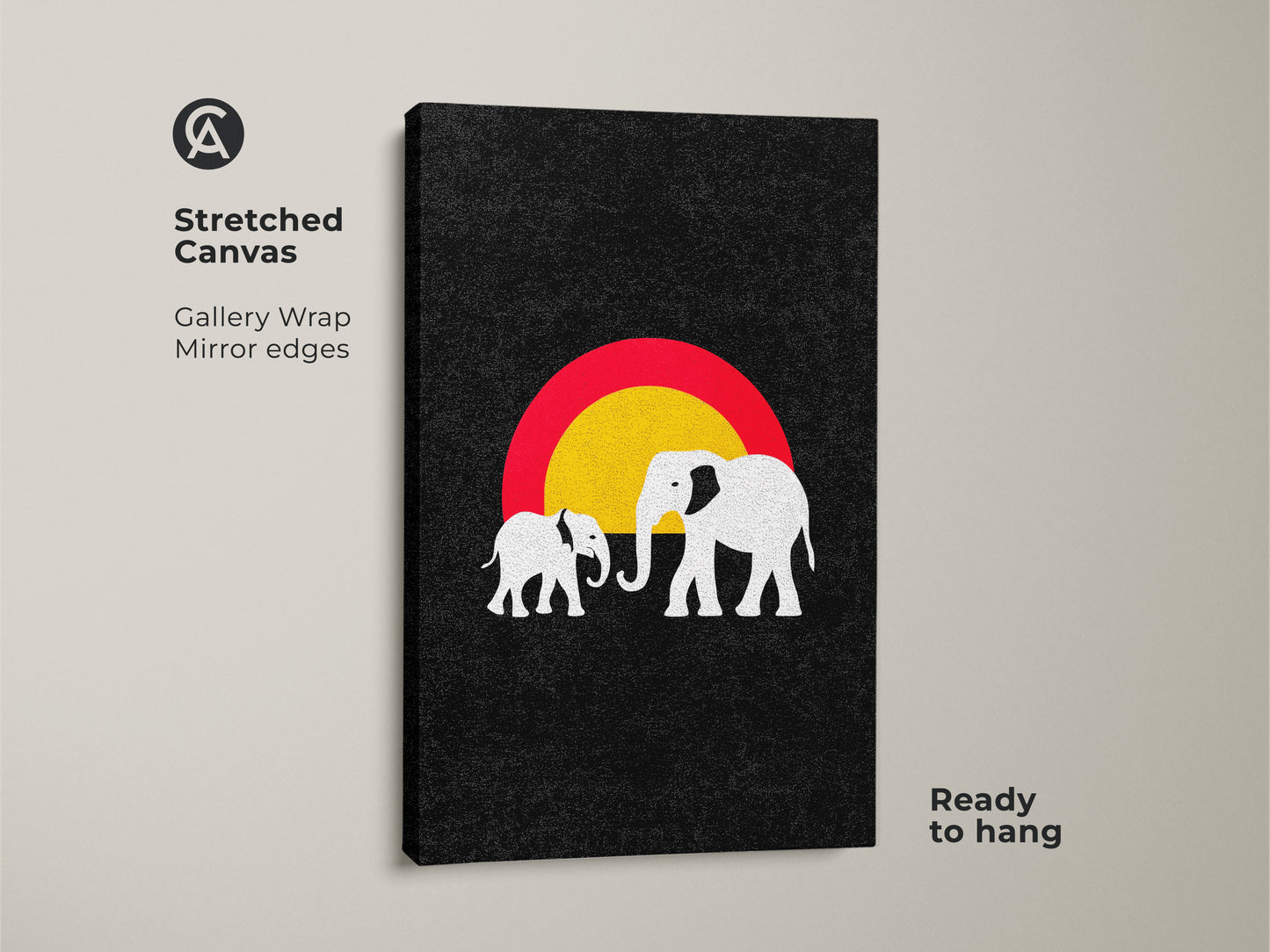 Stretched canvas featuring minimalist elephant art. The abstract sun canvas is ready to hang. Black red and yellow print. This wildlife wall art is perfect eclectic home decor for animal lovers.