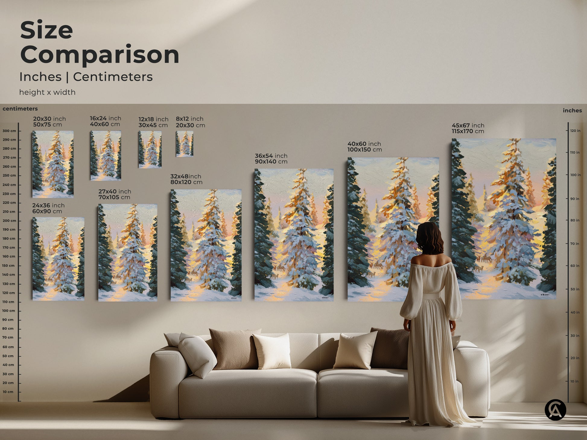 Size comparison of impressionist winter deer art prints in a living room setting. See how canvas and poster sizes fit above a sofa. Rustic nature home decor for cozy spaces shown in scale.
