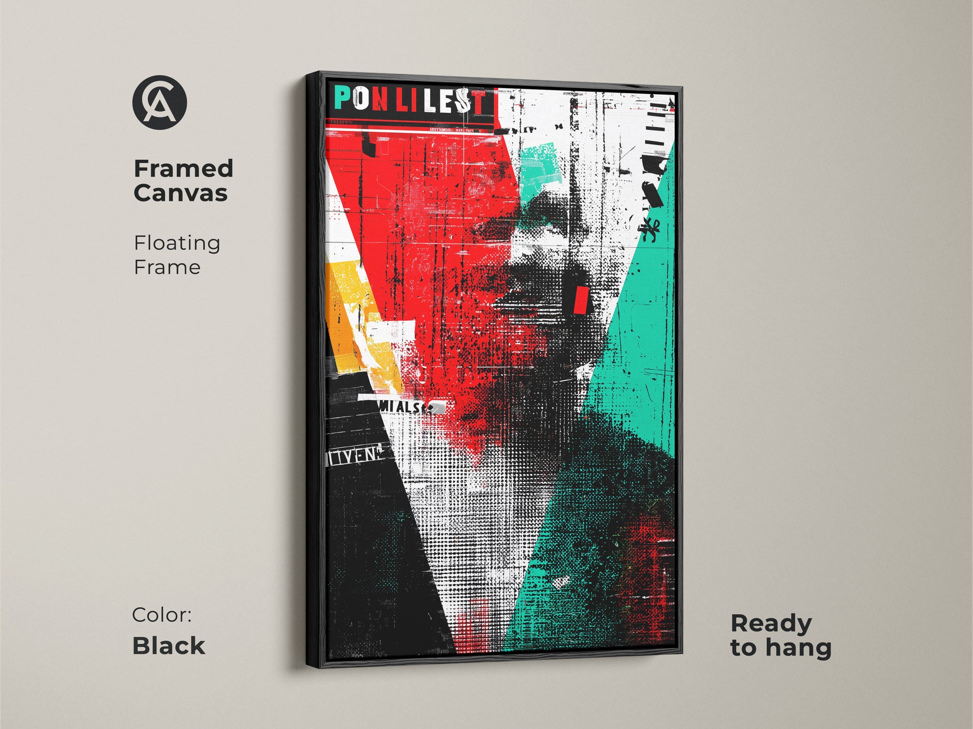 Framed canvas featuring abstract typography wall art with a floating black frame. The grunge portrait canvas print displays red black and teal art decor. Ready to hang this eclectic collage artwork enhances any room. A contemporary portrait art piece.