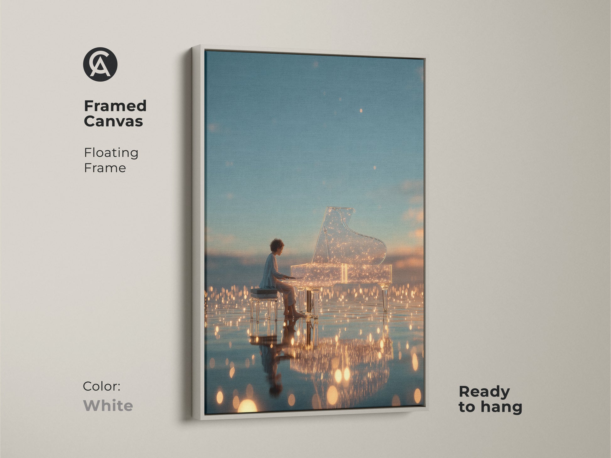 White framed canvas art showcasing a pianist playing a crystal grand piano. The floating frame offers a clean modern aesthetic. This ready-to-hang piece will brighten any room. A great choice for contemporary art lovers.