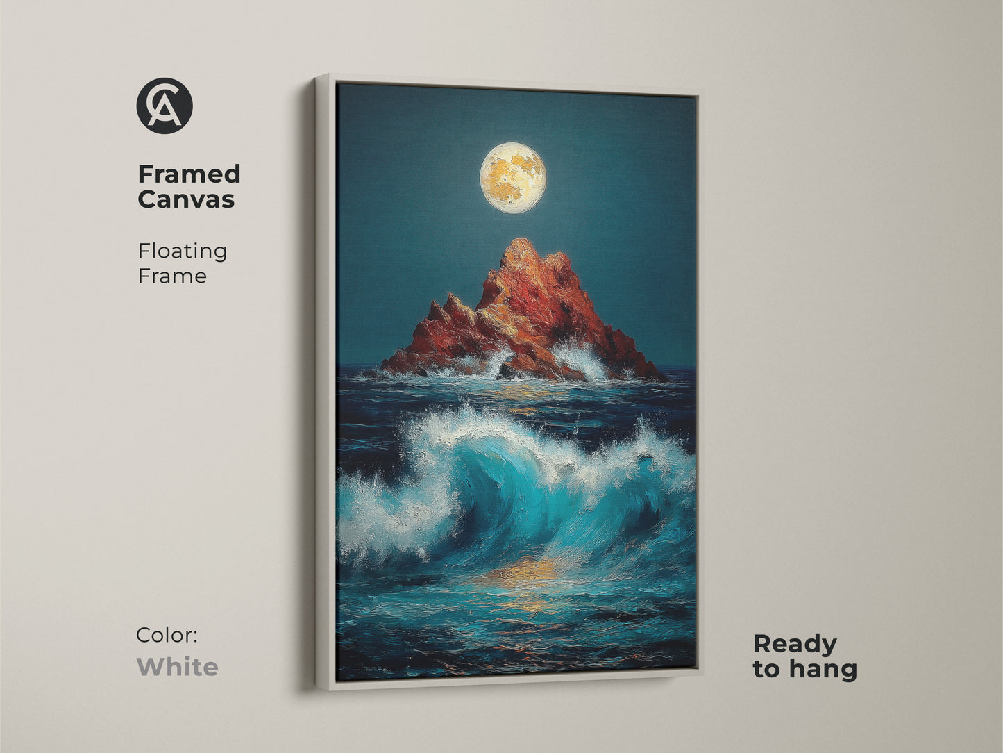 White framed canvas art showcases a dramatic ocean with a full moon above a rocky island. This serene seascape brings the beauty of coastal living to your home decor art collection.