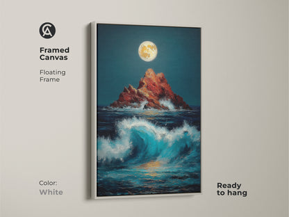 White framed canvas art showcases a dramatic ocean with a full moon above a rocky island. This serene seascape brings the beauty of coastal living to your home decor art collection.
