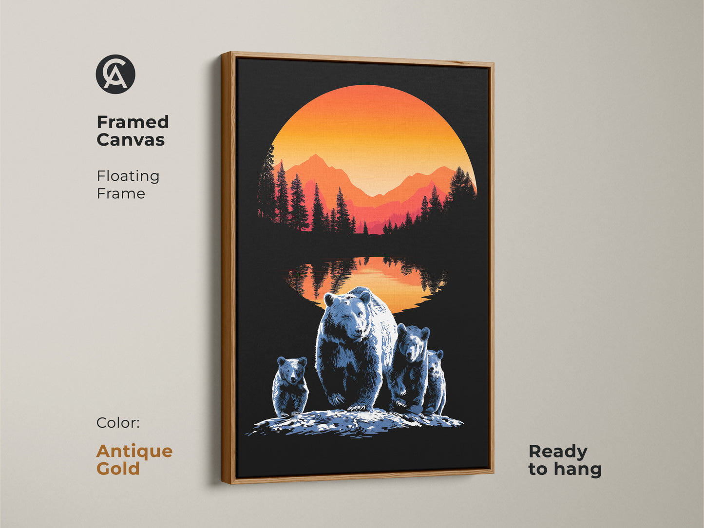 Framed canvas showcasing bear family artwork with a floating frame. The sunset mountain landscape canvas brings nature scenery to your walls. Antique Gold frame enhances the modern farmhouse bear art and wilderness family scene making it ready to hang.