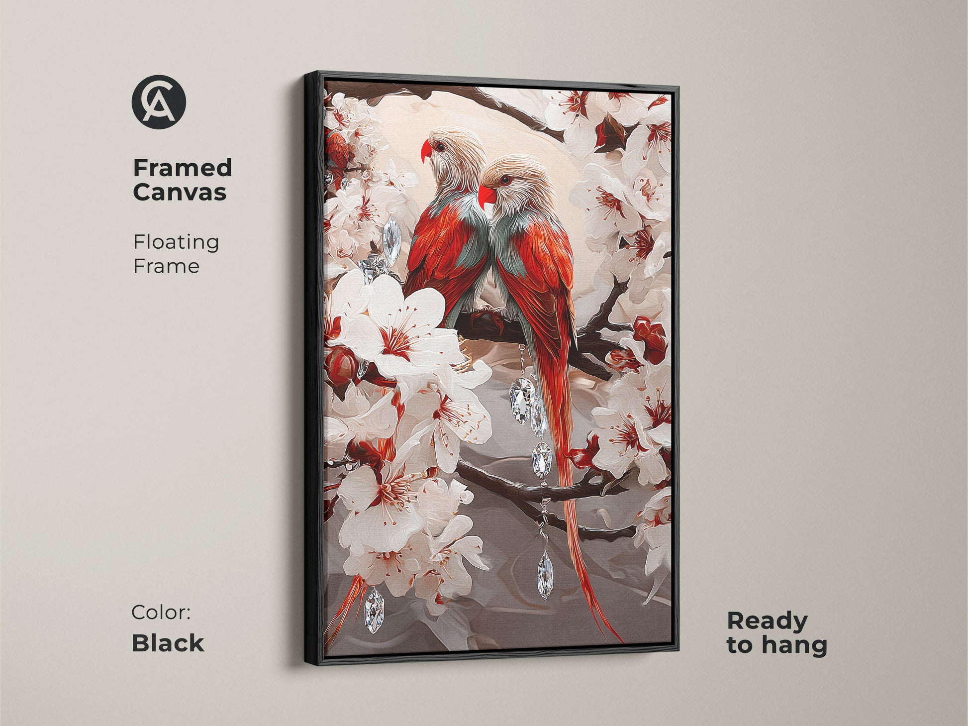 Framed canvas showcasing parrots and cherry blossoms. The artwork has a floating black frame. It is ready to hang adding style to your home. A colorful bird print.