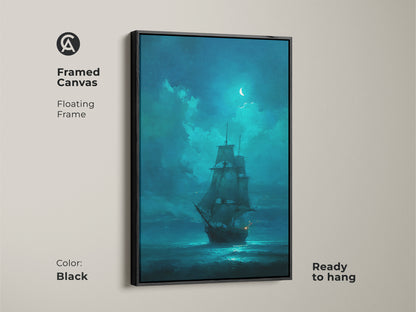 A framed canvas featuring a tall ship under a night sky. The artwork is ready to hang with a black floating frame. The dark blue color palette creates a calming mood. This nautical art is a must-have