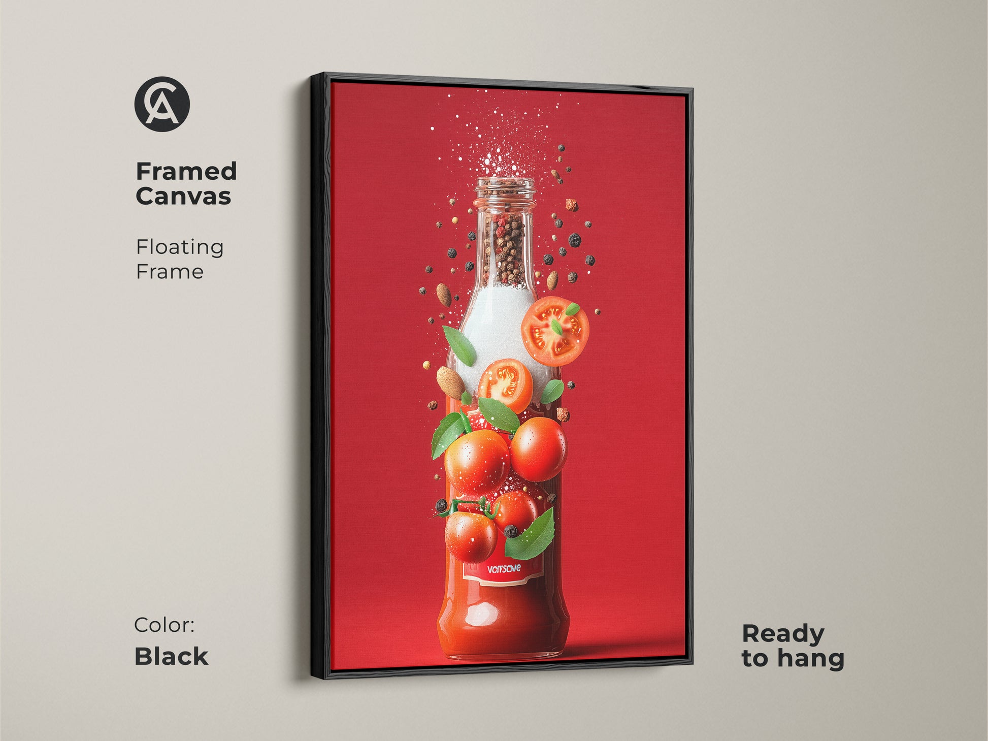 Black framed tomato sauce bottle art. The art shows a bottle with tomatoes peppercorns spices and herbs. This vibrant artwork is a framed canvas with a floating frame. The art is ready to hang.