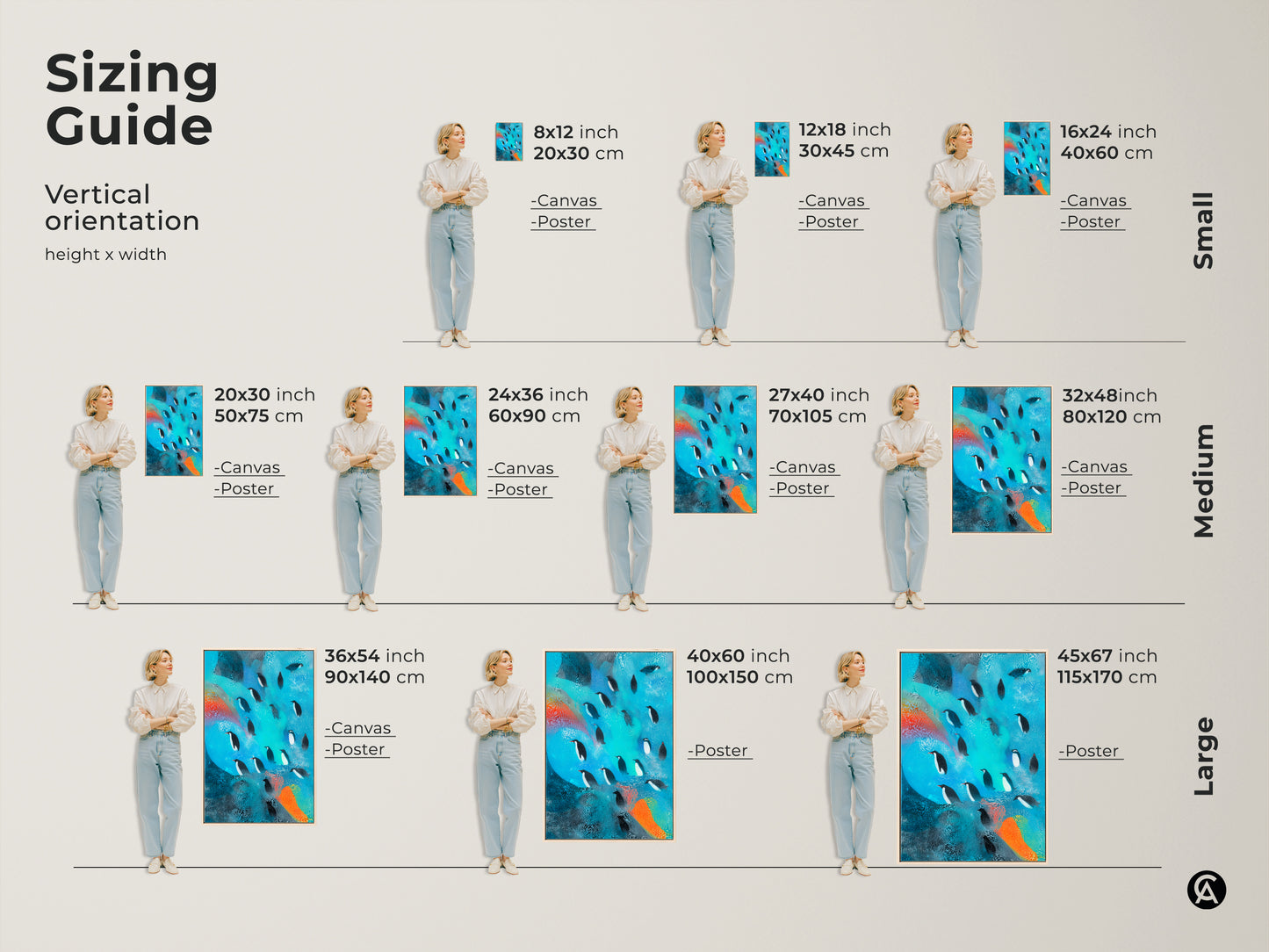 Sizing guide for vertical abstract penguin canvas. See various sizes available in inches and centimeters. Ideal for bedroom art. Choose the perfect modern eclectic wall decor for your space.