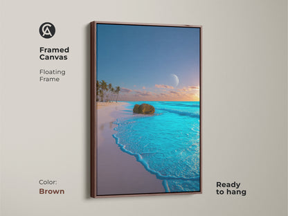 Framed Canvas with a Brown Floating Frame. This Tropical Beach artwork shows palm trees and a moon. It is an Ocean Landscape Wall Art Print. Coastal Home Decor Art in Aqua Blue Teal. Ready to hang.