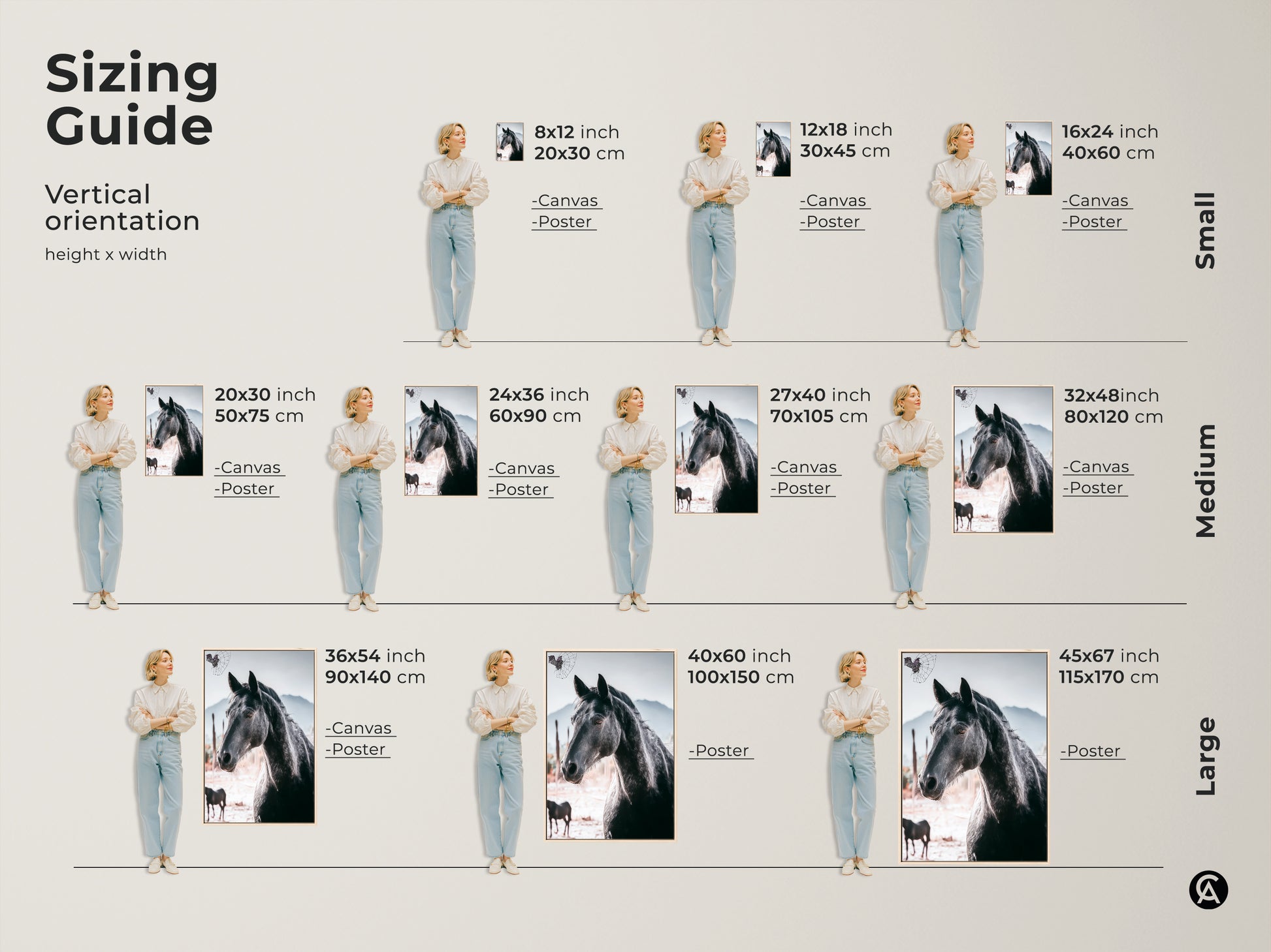 Sizing guide for rustic horse wall art. Visualize canvas and poster sizes for your space. Options range from small to large sizes. Find the perfect fit for your bedroom or living room. This wildlife animal art makes a thoughtful equestrian gift.