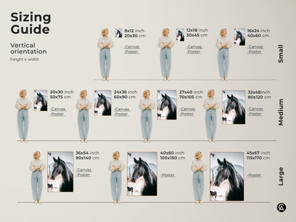 Sizing guide for rustic horse wall art. Visualize canvas and poster sizes for your space. Options range from small to large sizes. Find the perfect fit for your bedroom or living room. This wildlife animal art makes a thoughtful equestrian gift.