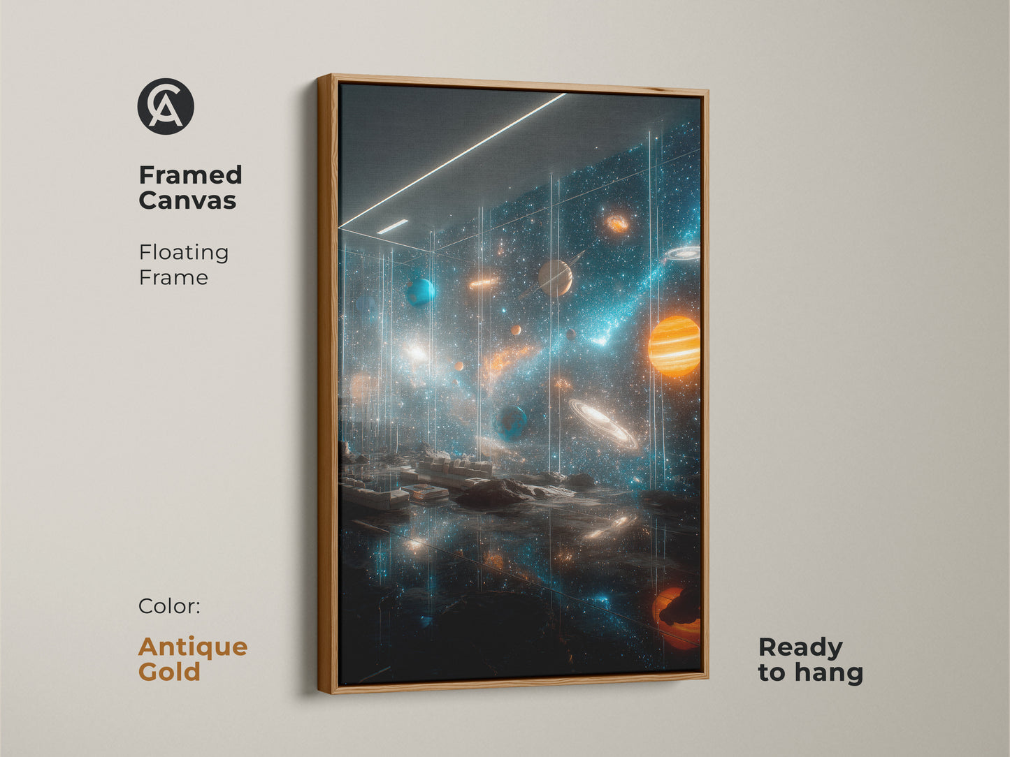 Antique gold framed canvas print of space art. The vibrant solar system artwork has planets stars and cosmic dust. Its floating frame brings a touch of vintage charm. It is ready to hang and will elevate your home or office decor.