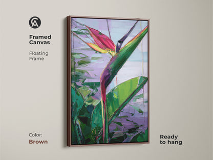 Framed canvas featuring abstract Bird of Paradise in a brown floating frame. Tropical botanical art ready to hang is perfect for boho decor. Green pink and purple colors bring vibrant touch to your home. It serves as a unique housewarming gift idea for art and plant enthusiasts.