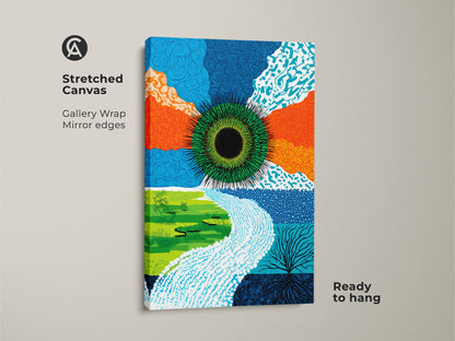 Stretched canvas featuring abstract green eye art. The contemporary nature canvas print has gallery wrap mirror edges. Modern abstract root artwork is ready to hang. Vibrant orange and blue abstract art.