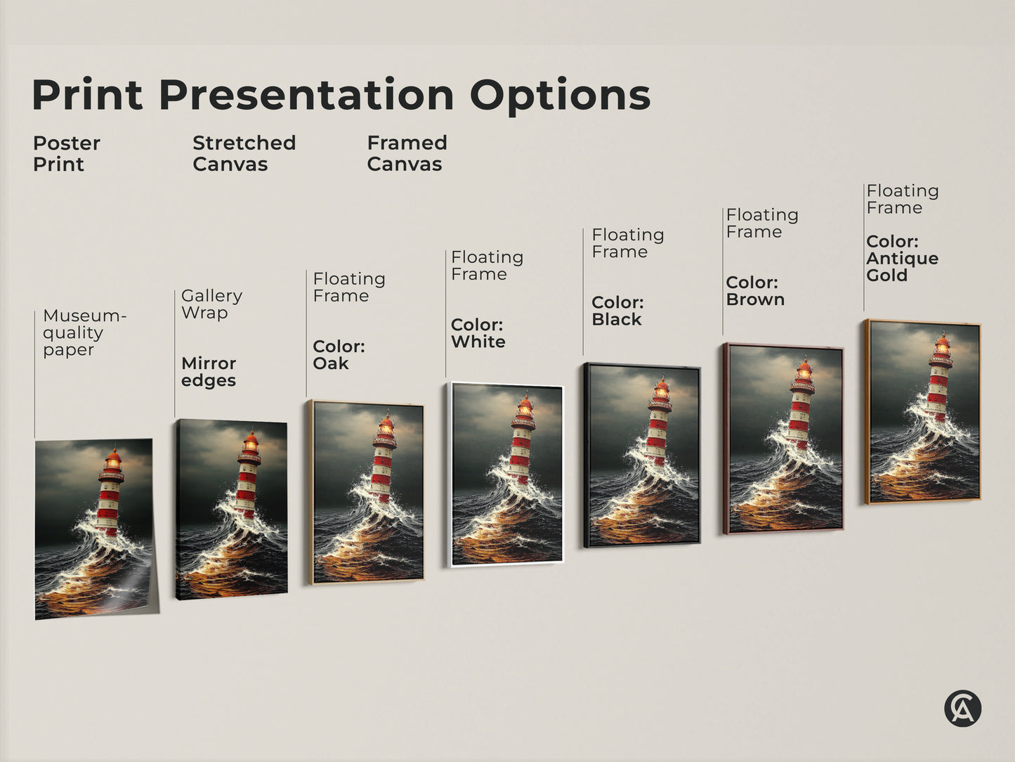 Explore print options: posters stretched canvas and framed art. Each showcases a lighthouse braving stormy seas. Select museum-quality paper gallery wraps or floating frames.