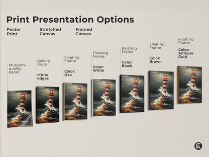 Explore print options: posters stretched canvas and framed art. Each showcases a lighthouse braving stormy seas. Select museum-quality paper gallery wraps or floating frames.