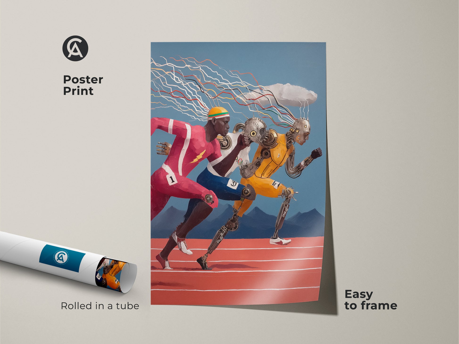 This poster print features surrealist cyborg runners. The abstract runner decor comes rolled in a tube. Easy to frame this sports tech print will enhance any study or office space.
