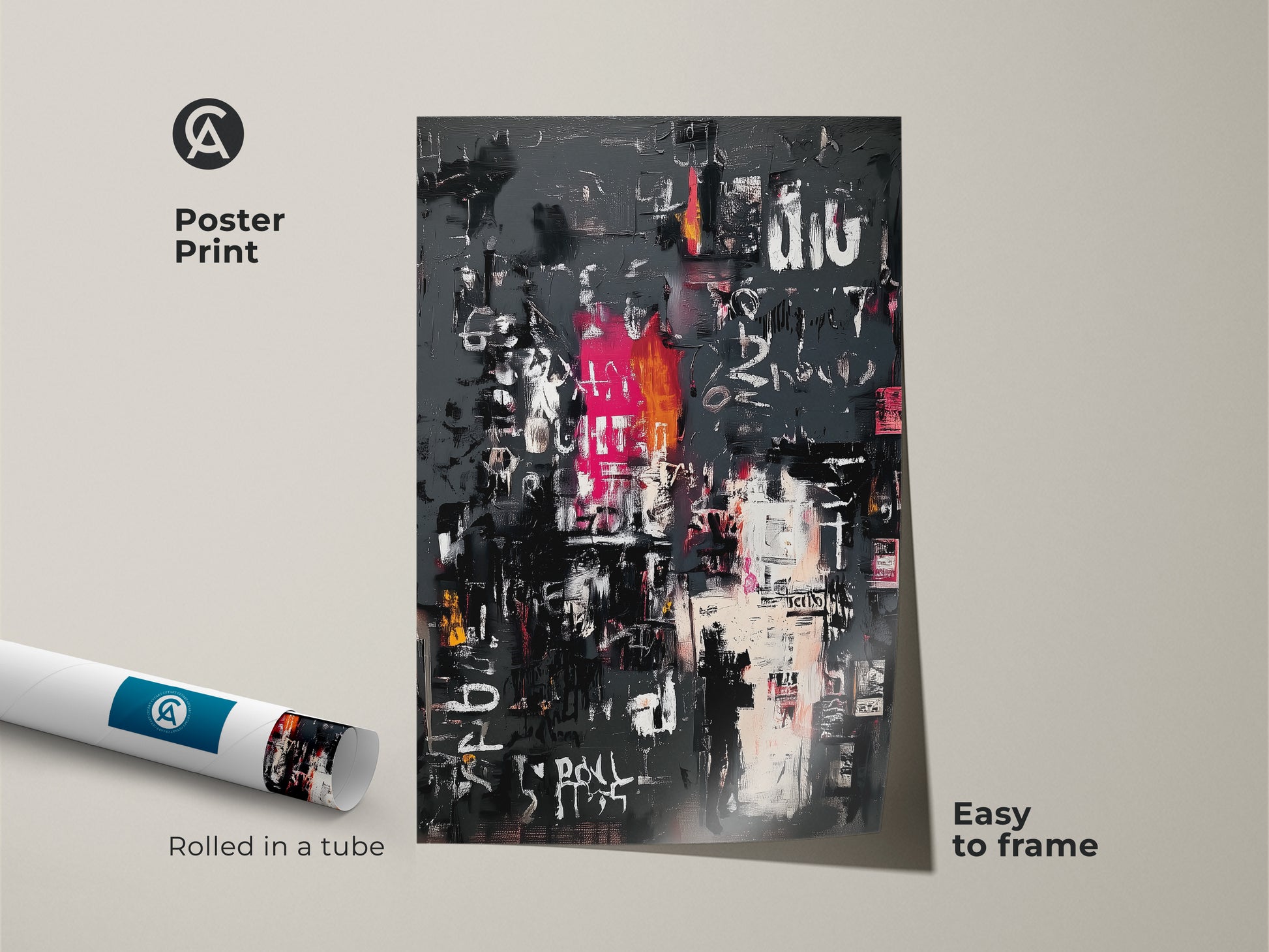Poster print of abstract artwork rolled in a tube. The art has a gray background with distinct white pink and black markings. This museum-quality paper print is easy to frame. Enhance your art collection with this unique piece.