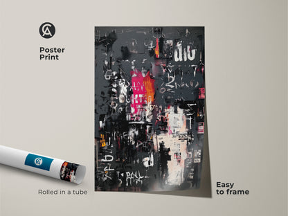 Poster print of abstract artwork rolled in a tube. The art has a gray background with distinct white pink and black markings. This museum-quality paper print is easy to frame. Enhance your art collection with this unique piece.