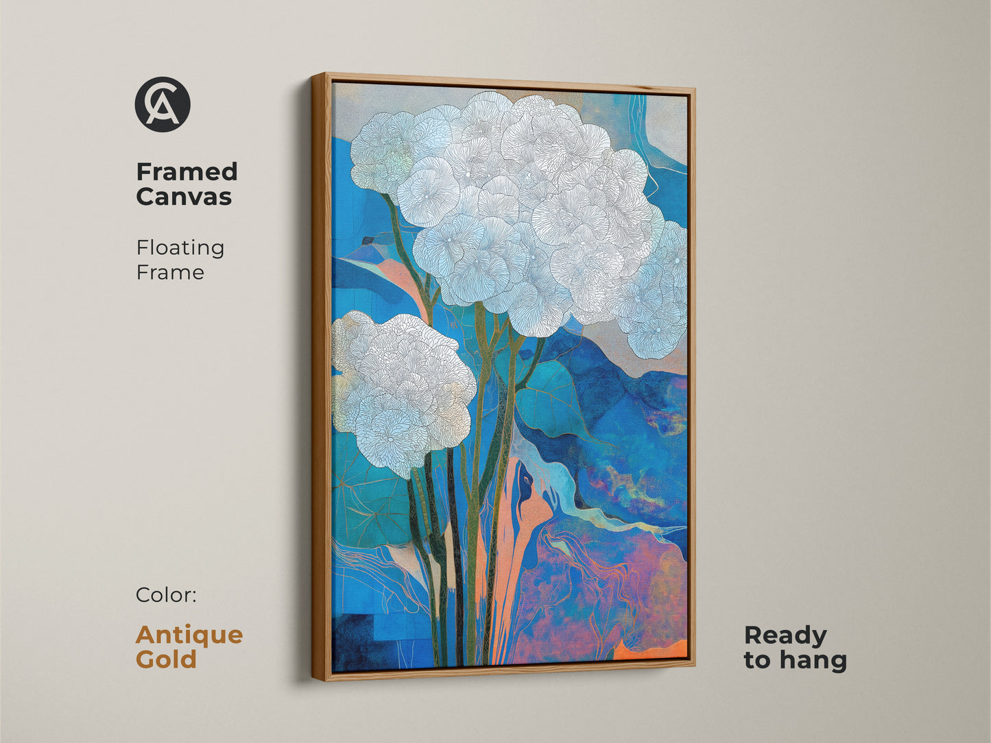 Framed canvas showcasing abstract floral artwork in a floating antique gold frame. The blue and orange botanical print adds a contemporary vibe. It's ready to hang. This botanical abstract print is ideal as a housewarming gift art and gift for plant lovers.