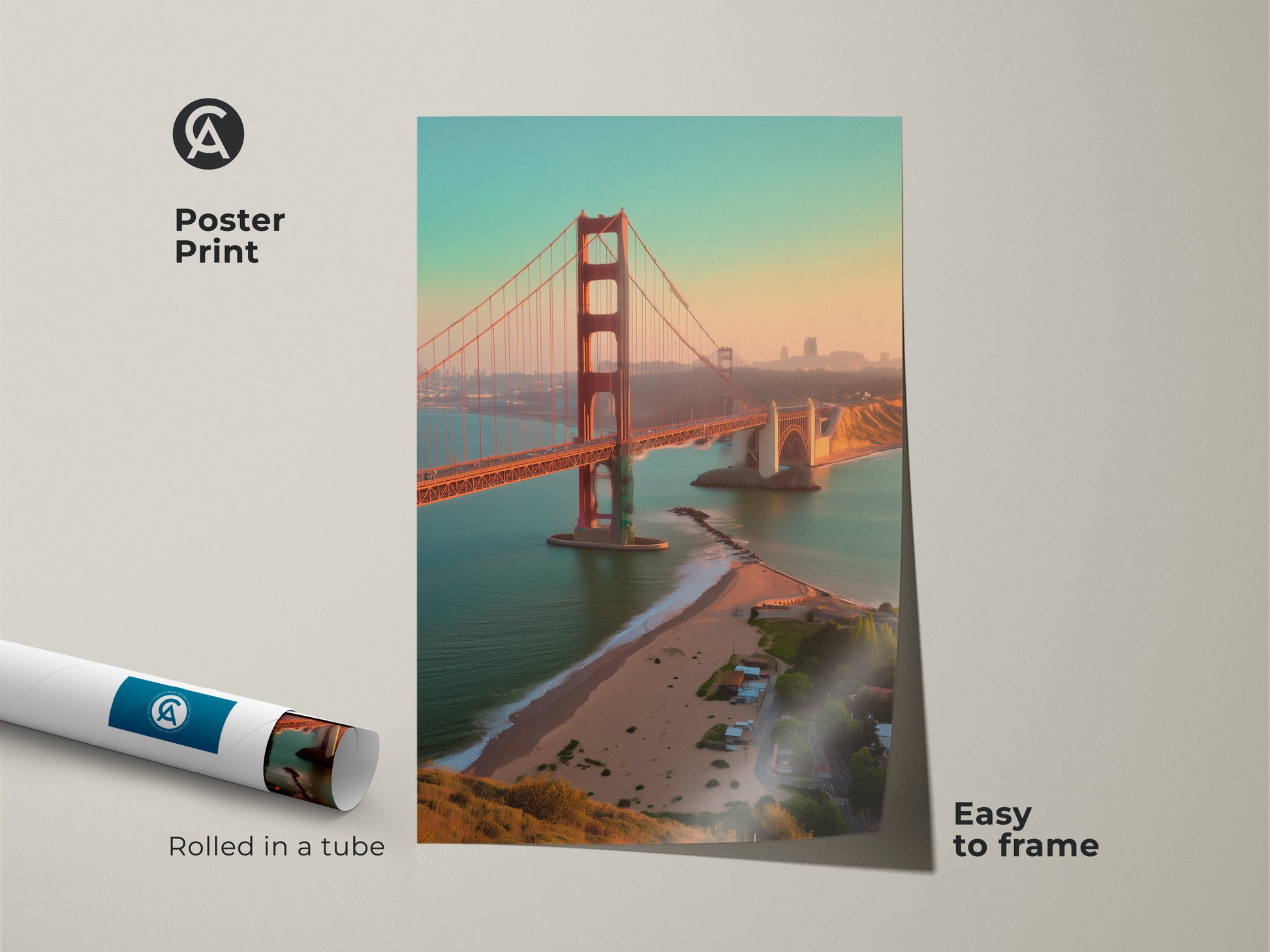 Poster print of the Golden Gate Bridge. Rolled in a tube easy to frame. San Francisco skyline art. Ideal for travel themed home decor. Features orange yellow teal hues.