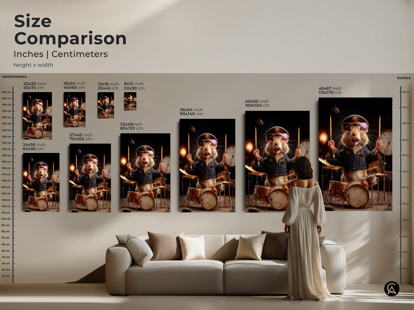 Size comparison of the hamster drummer art print. Various dimensions in inches and centimeters are shown. Choose the ideal scale for your wall. The cool music art is showcased in a living room.