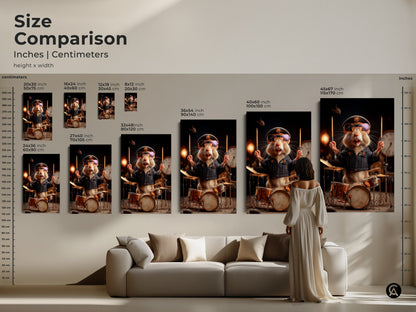 Size comparison of the hamster drummer art print. Various dimensions in inches and centimeters are shown. Choose the ideal scale for your wall. The cool music art is showcased in a living room.