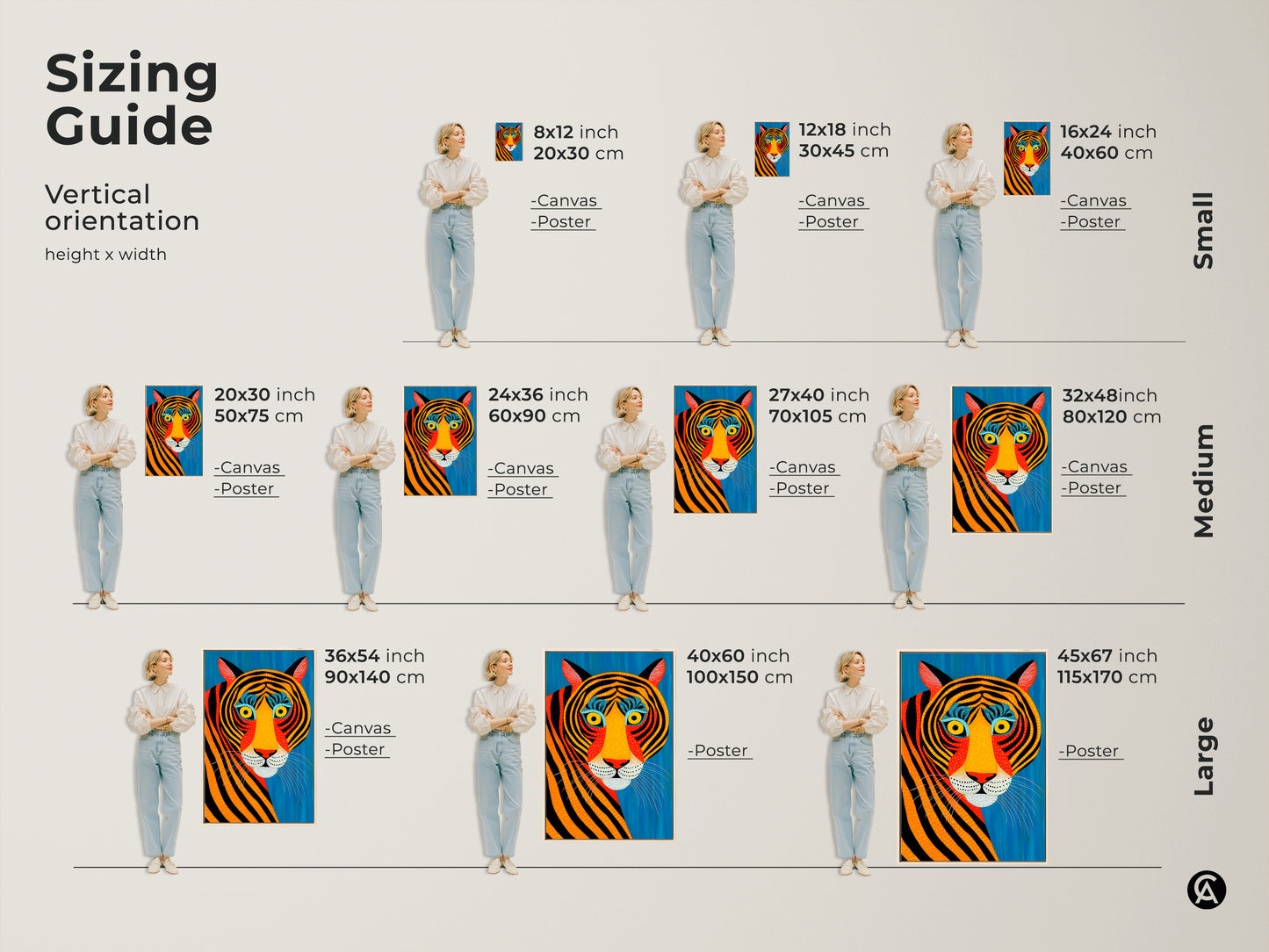 Sizing guide for vertical abstract tiger art. Visualize canvas and poster sizes from small to large. See how this tribal animal print fits various spaces. Perfect for eclectic home decor. It makes a unique animal lover gift.