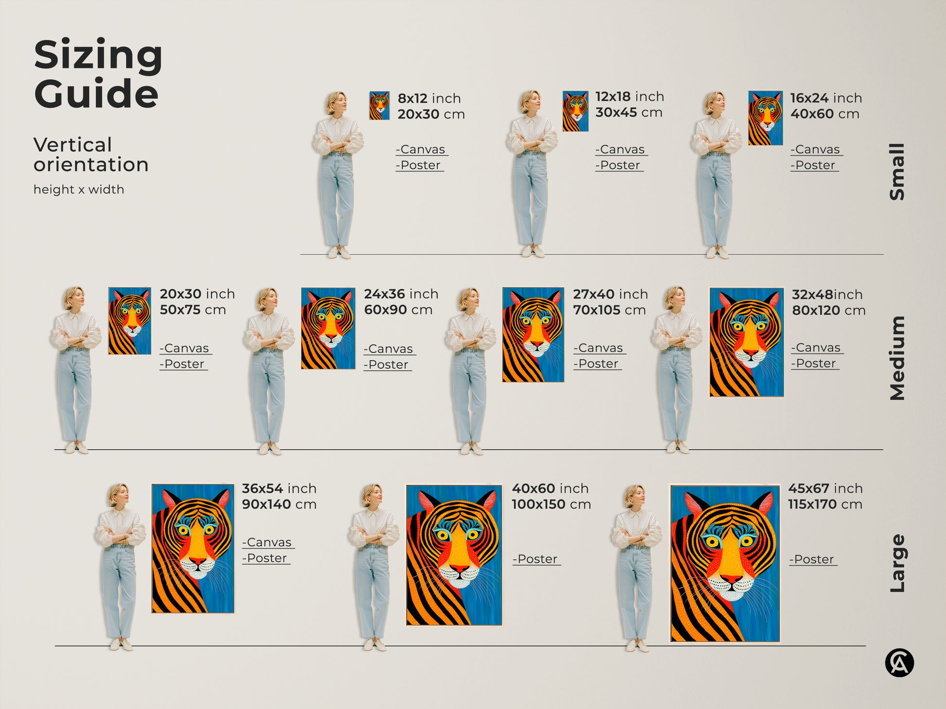 Sizing guide for vertical abstract tiger art. Visualize canvas and poster sizes from small to large. See how this tribal animal print fits various spaces. Perfect for eclectic home decor. It makes a unique animal lover gift.