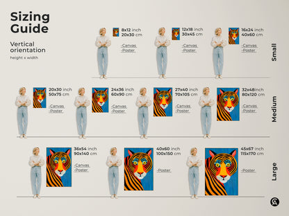 Sizing guide for vertical abstract tiger art. Visualize canvas and poster sizes from small to large. See how this tribal animal print fits various spaces. Perfect for eclectic home decor. It makes a unique animal lover gift.