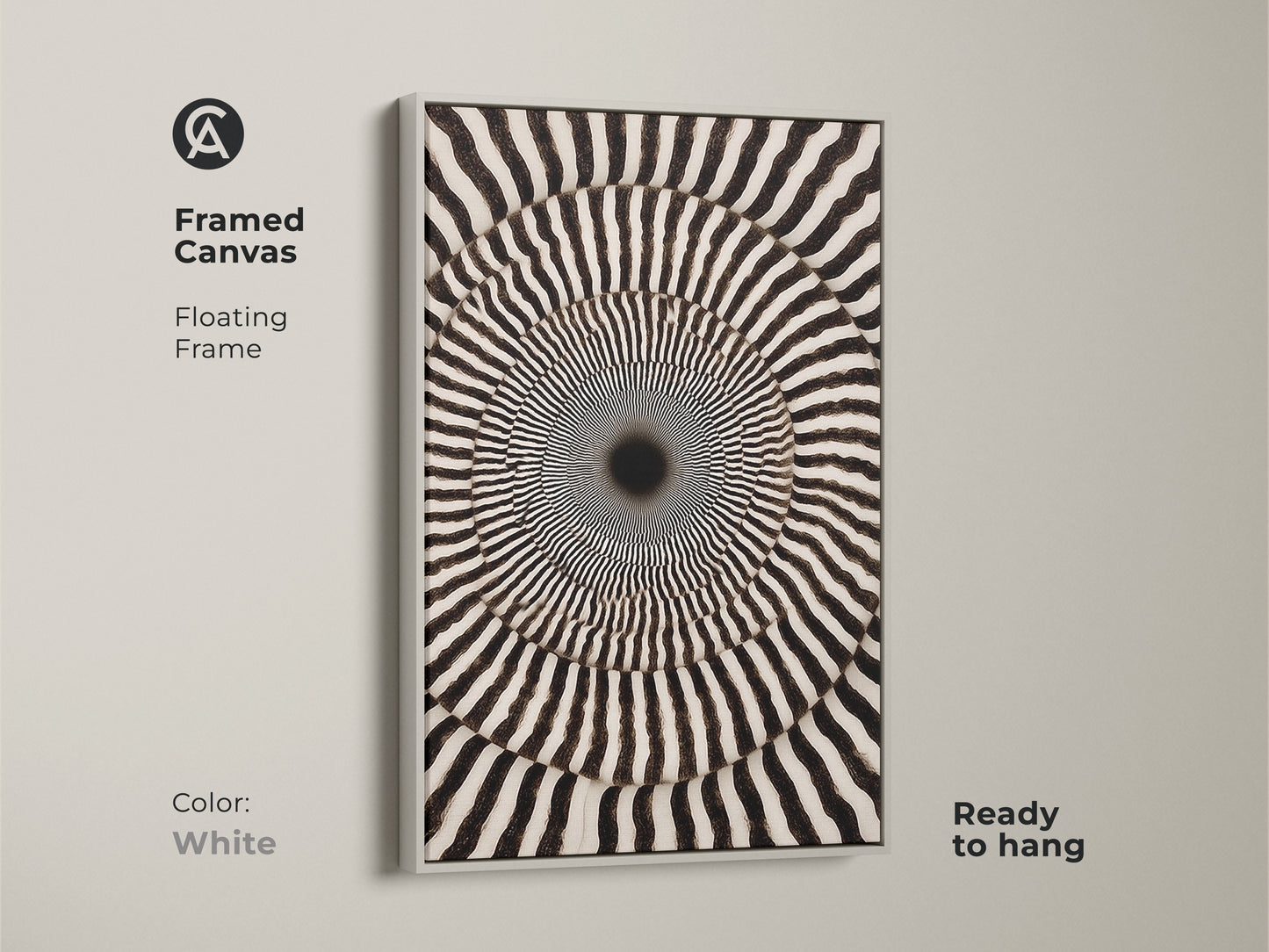 Framed Canvas showcasing Abstract Geometric Wall Art. Its Op Art Concentric Circles form a Psychedelic Swirl. The monochrome den decor is ready to hang. The white floating frame enhances the modern abstract artwork.