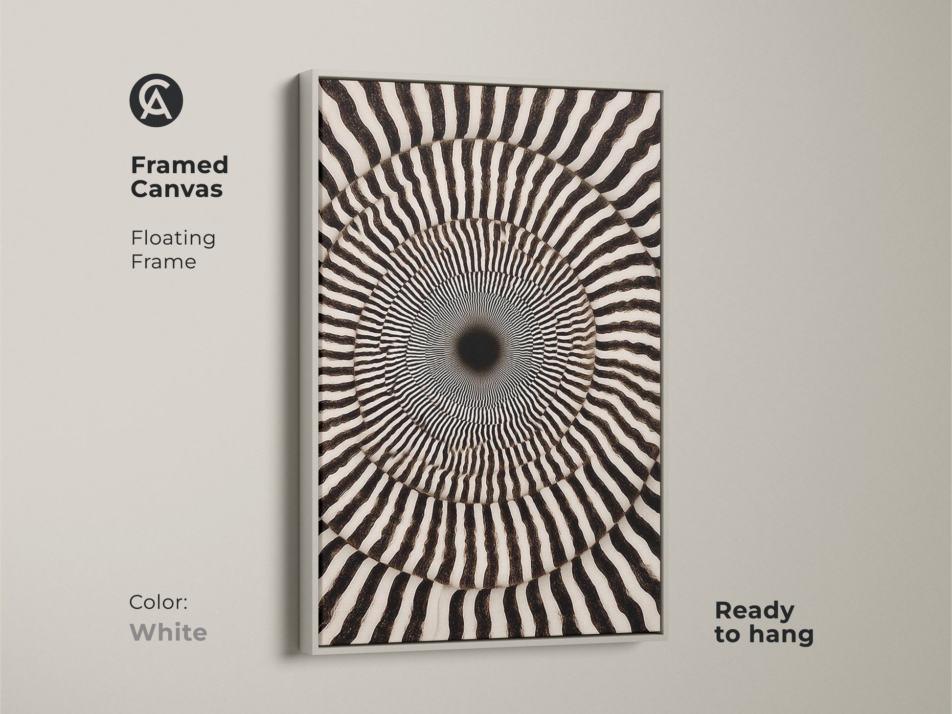 Framed Canvas showcasing Abstract Geometric Wall Art. Its Op Art Concentric Circles form a Psychedelic Swirl. The monochrome den decor is ready to hang. The white floating frame enhances the modern abstract artwork.