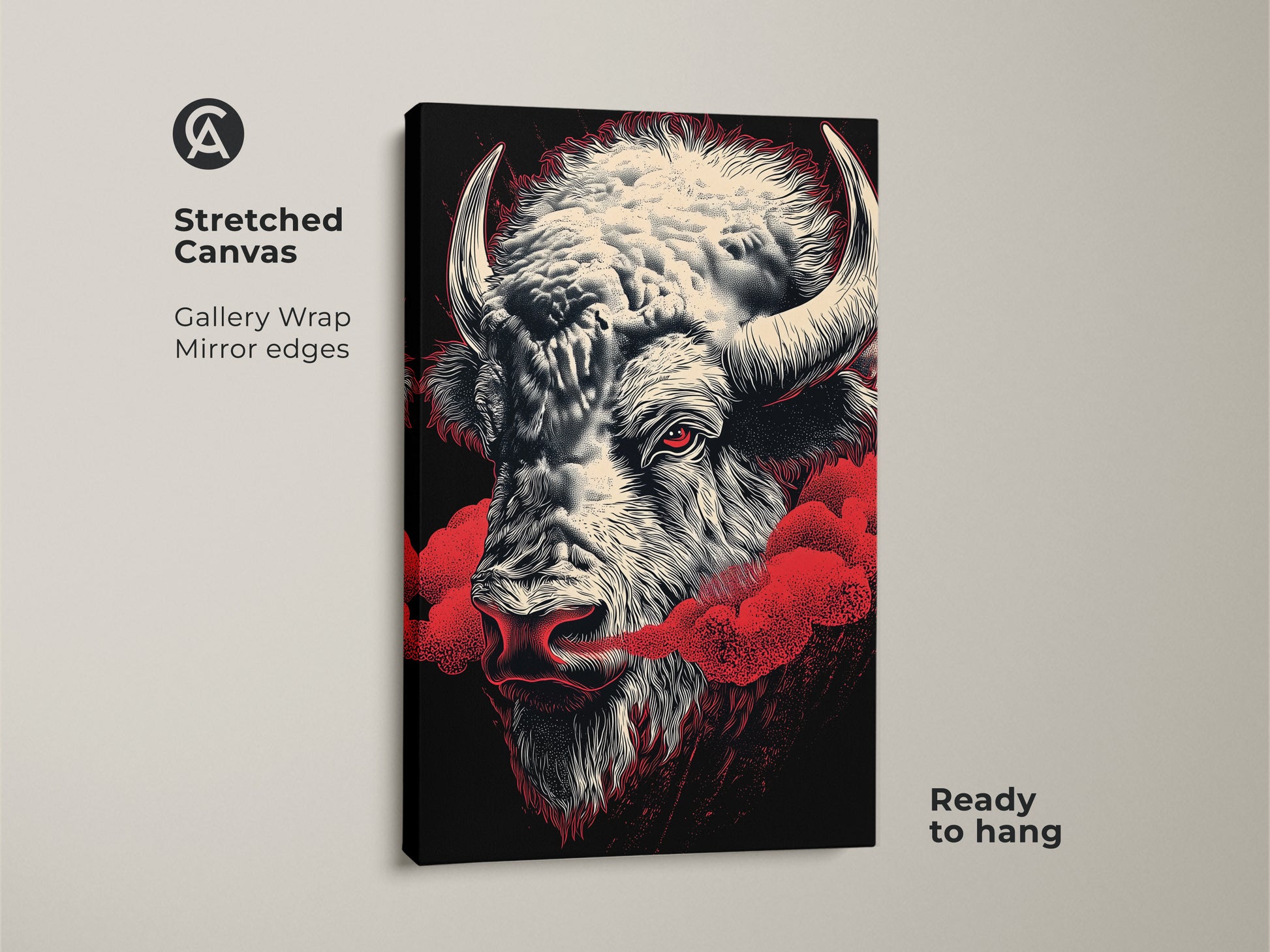 Stretched canvas print featuring a buffalo head. It's a gallery wrapped art piece with mirror edges and ready to hang. The bison has a red eye and is surrounded by red cloud elements on a black background. It's a bold animal art piece for a modern farmhouse.