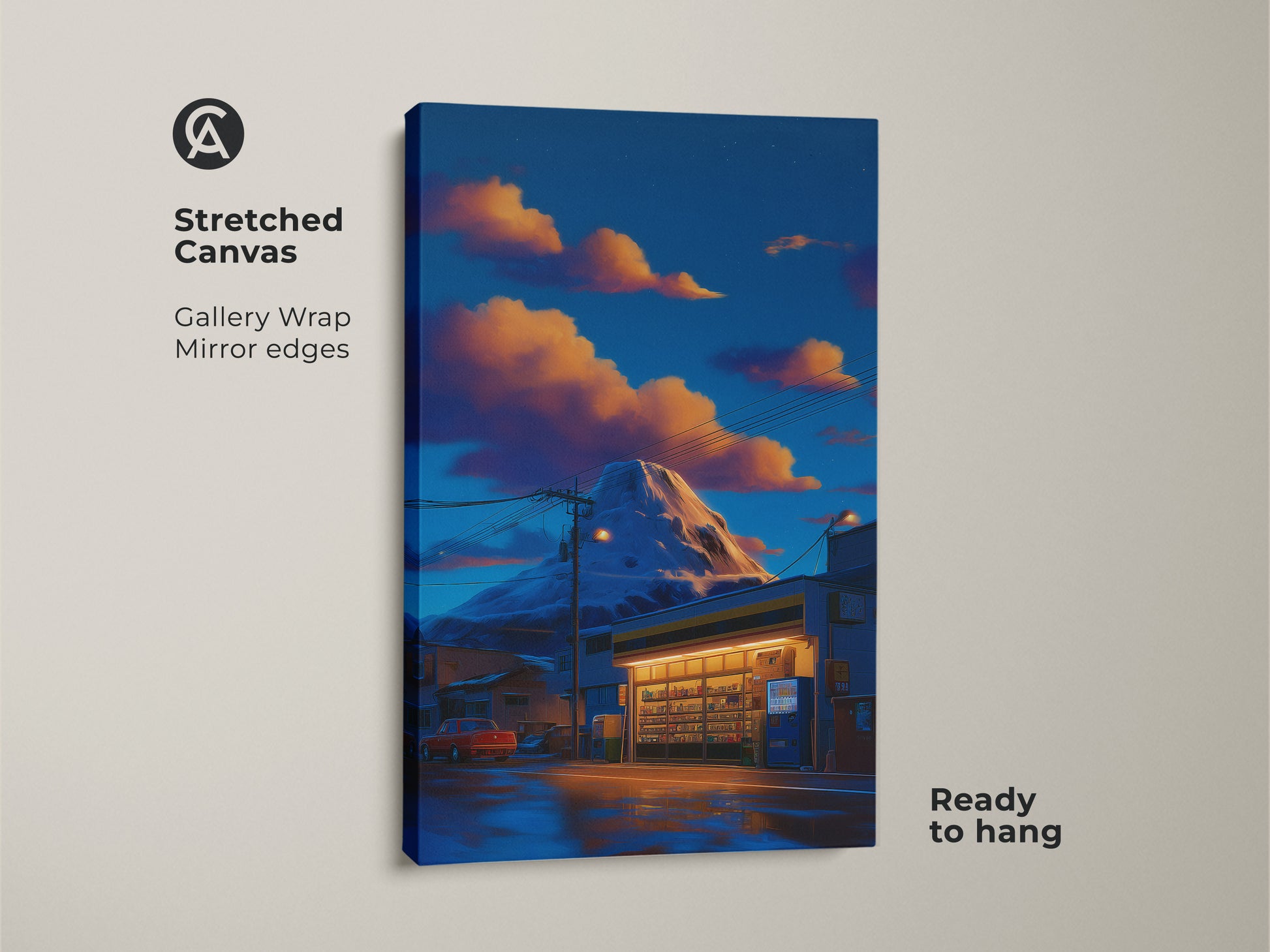 Stretched canvas of a retro anime-inspired mountain convenience store. Deep blues meet orange hues in this Japanese landscape artwork. Ready to hang this canvas features gallery-wrapped edges. It's a perfect blend of cityscape art and eclectic home decor. Ideal wall art for anime enthusiasts and collectors.