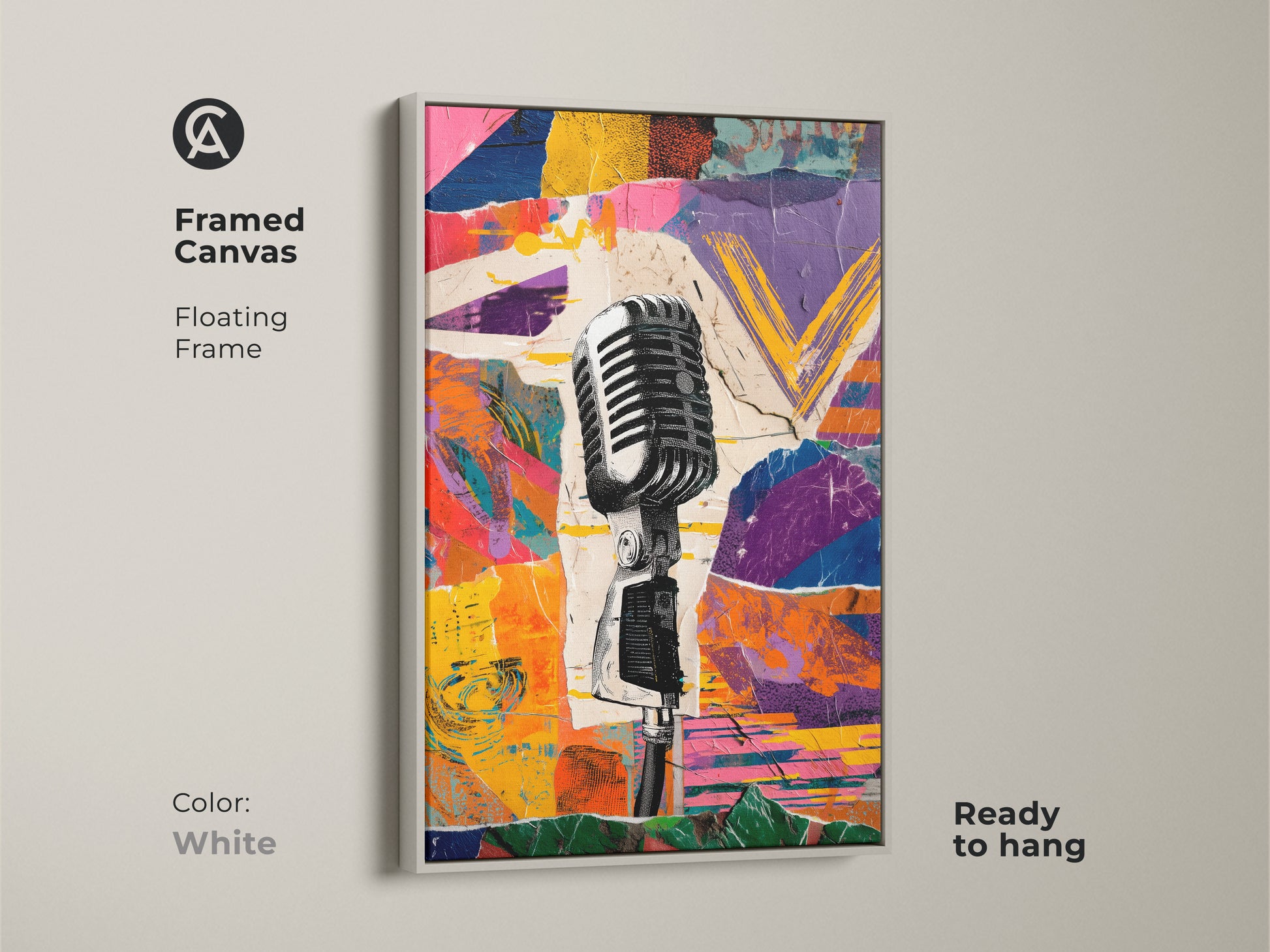 Framed Canvas with a floating frame featuring the Retro Microphone Collage. The white frame provides a clean look for the abstract sound art print. This unique music lover gift is ready to hang.
