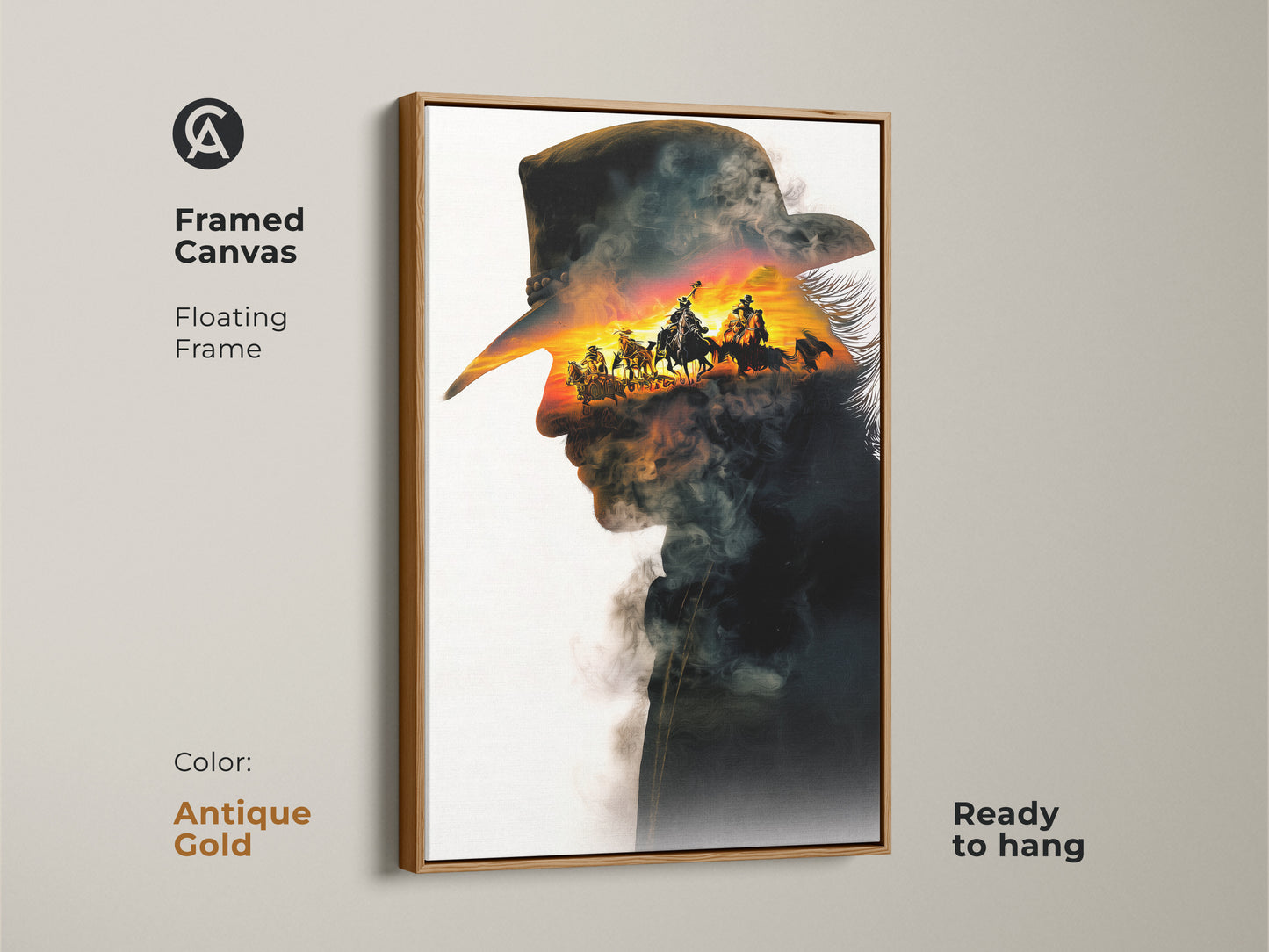 Antique gold framed canvas art featuring a captivating cowboy double exposure. The artwork combines a cowboy silhouette with a sunset horseback riding scene. This rustic sunset wall decor adds a touch of wild west to your space. A unique gift for cowboy fans.