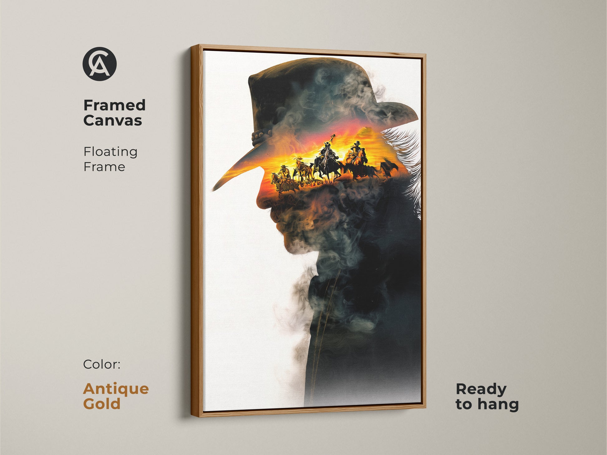 Antique gold framed canvas art featuring a captivating cowboy double exposure. The artwork combines a cowboy silhouette with a sunset horseback riding scene. This rustic sunset wall decor adds a touch of wild west to your space. A unique gift for cowboy fans.