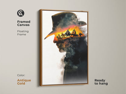 Antique gold framed canvas art featuring a captivating cowboy double exposure. The artwork combines a cowboy silhouette with a sunset horseback riding scene. This rustic sunset wall decor adds a touch of wild west to your space. A unique gift for cowboy fans.