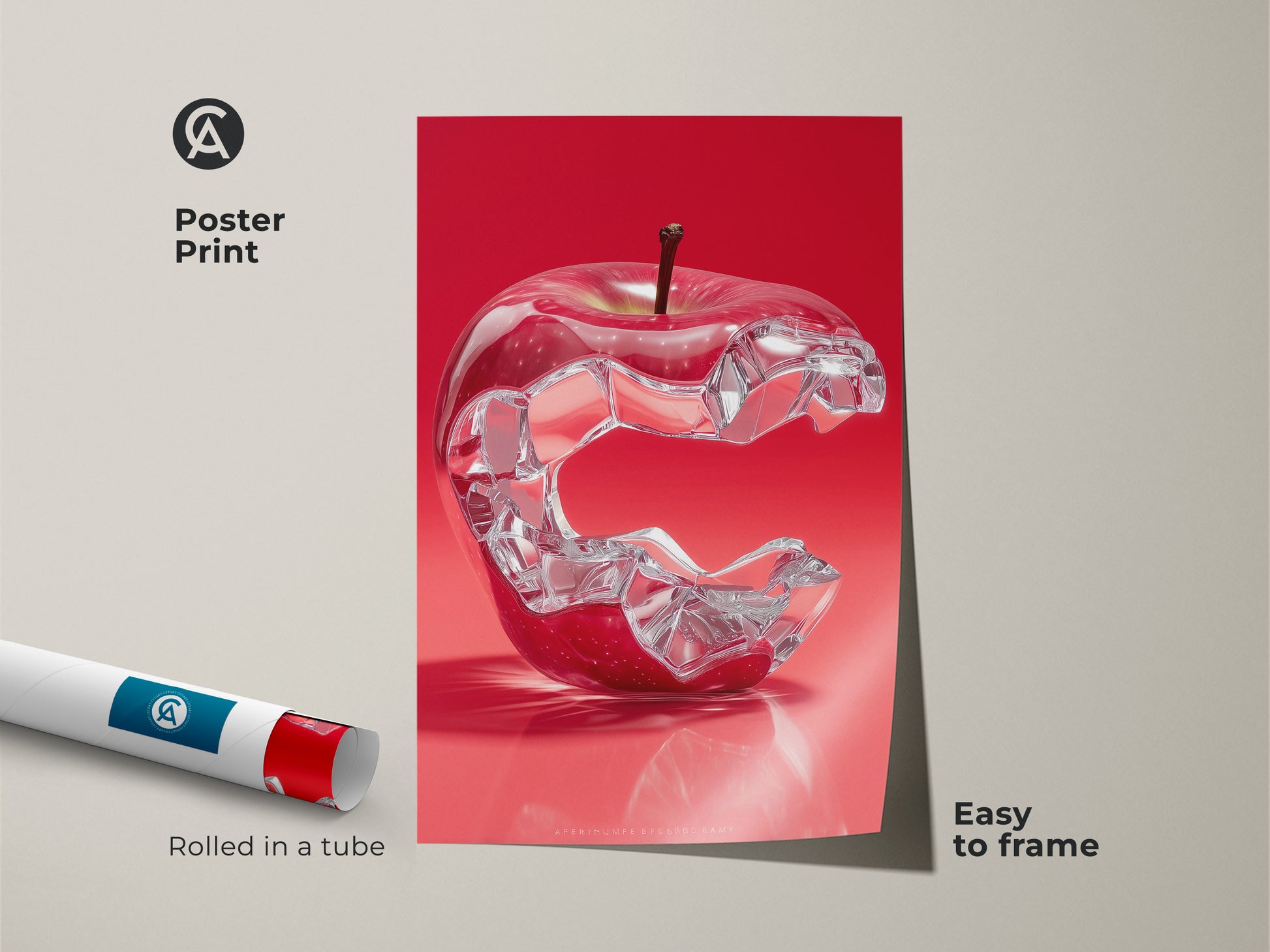 Poster Print of a surrealist apple artwork rolled in a tube. The modern kitchen canvas art with a crystal apple is easy to frame. It's a unique home decor art and an artistic apple print.