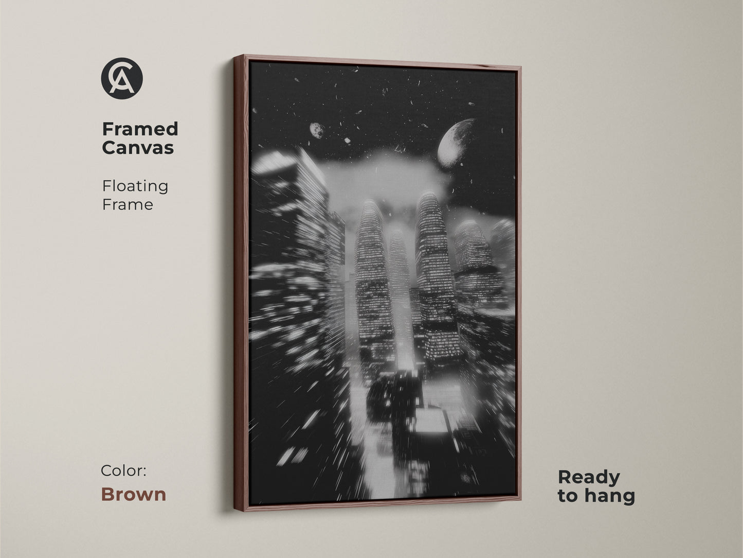 A framed canvas with a brown floating frame displays a monochrome cityscape. Abstract skyscraper wall art creates a modern focal point. Ready to hang this city night view canvas adds style. This is a contemporary gift perfect for any art lover.