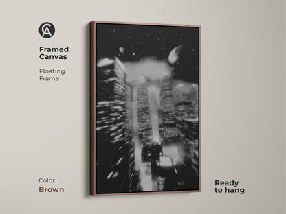 A framed canvas with a brown floating frame displays a monochrome cityscape. Abstract skyscraper wall art creates a modern focal point. Ready to hang this city night view canvas adds style. This is a contemporary gift perfect for any art lover.