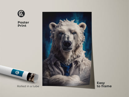 This poster print features a surreal polar bear. The artwork is delivered rolled in a tube making it easy to frame. This office wall decor boasts a dark blue palette. It is a unique gift for animal lovers who need cool animal artwork.