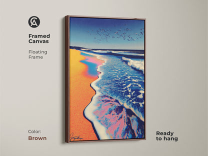 Framed canvas with a brown floating frame presents an abstract ocean wave at sunset. The coastal artwork is ready to hang featuring teal blue and orange hues. It adds coastal energy to any room. Ideal for anyone seeking unique wall art.