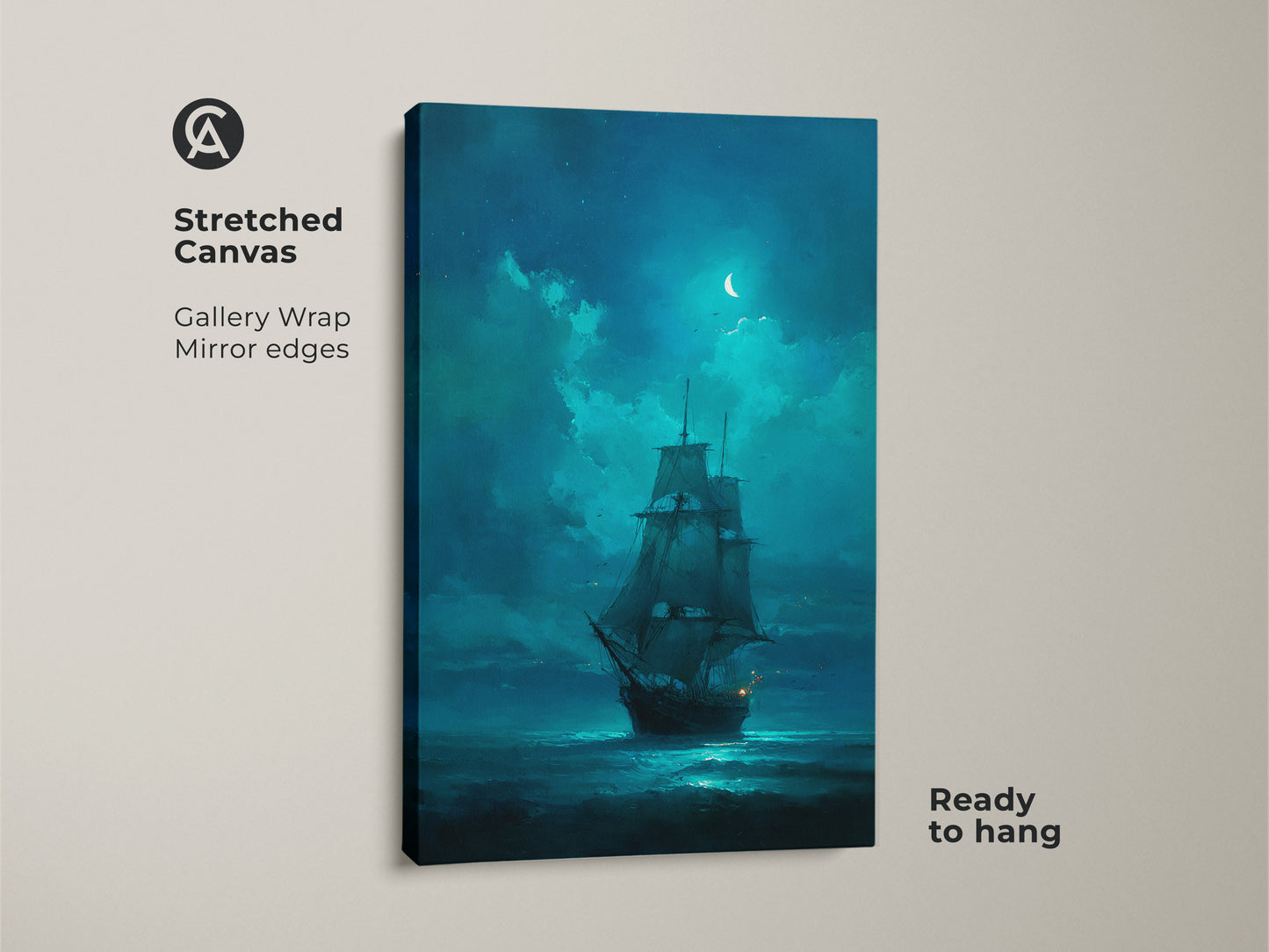 A stretched canvas print featuring a tall ship at sea. The edges are mirrored and ready to hang. This gallery-wrapped artwork is perfect for home decor. This nautical art is a great conversation piece.