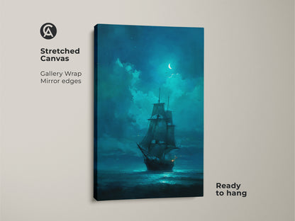 A stretched canvas print featuring a tall ship at sea. The edges are mirrored and ready to hang. This gallery-wrapped artwork is perfect for home decor. This nautical art is a great conversation piece.