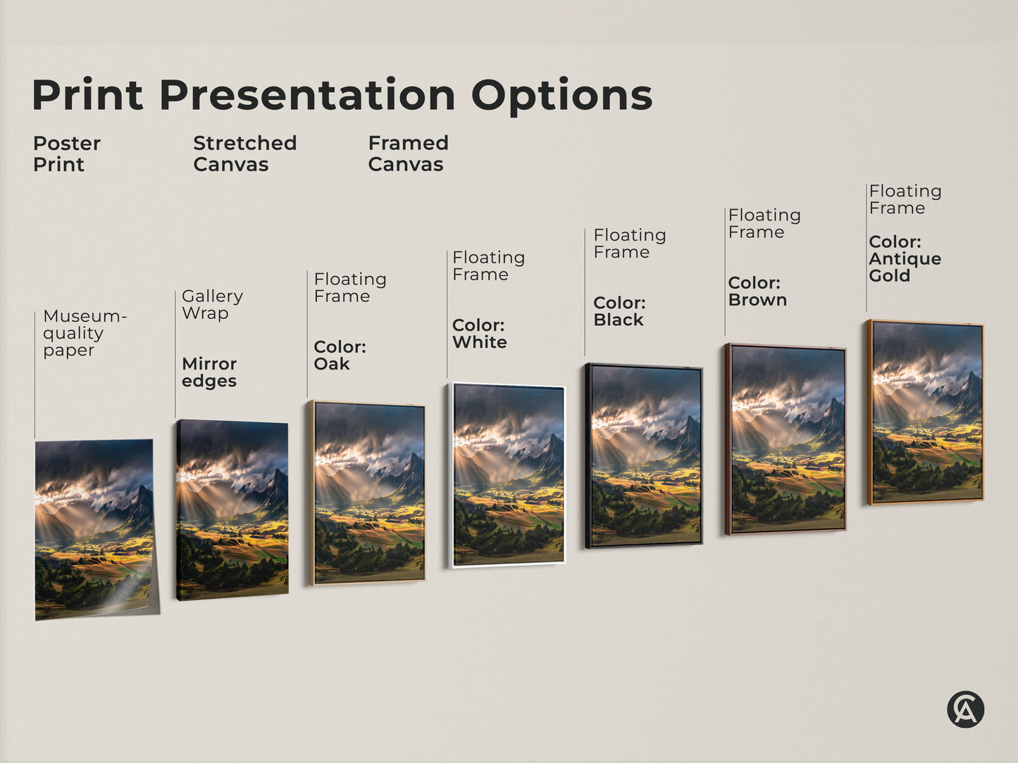 Explore print presentation options for sunbeam mountain landscape art. Choose from poster prints stretched canvas or framed canvas. Options include floating frames in black brown antique gold oak and white. Find the perfect rustic nature wall art for your home.