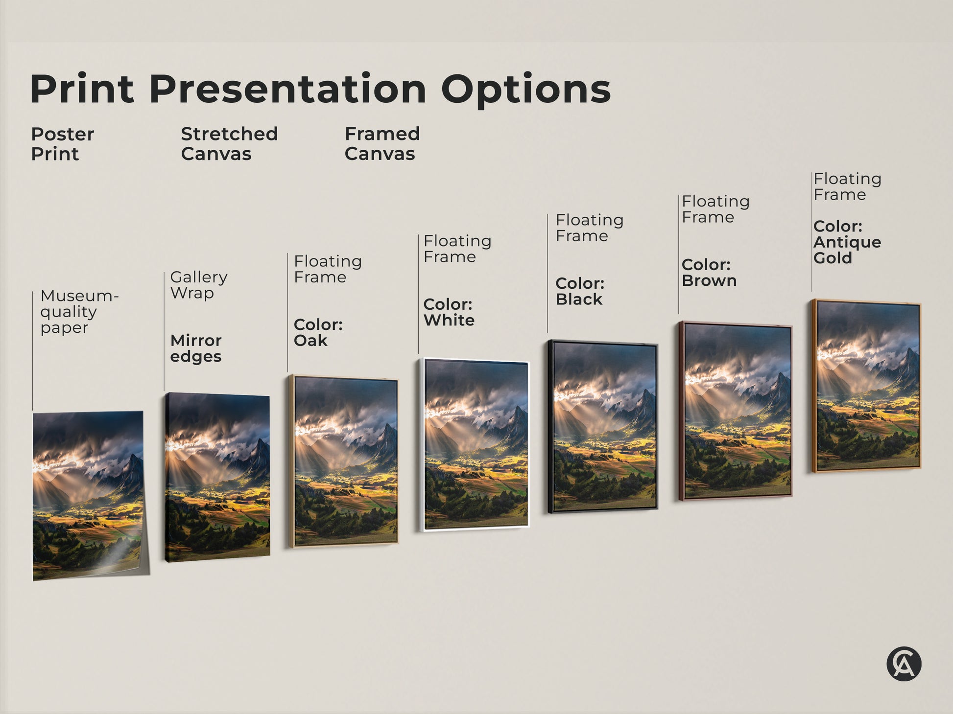 Explore print presentation options for sunbeam mountain landscape art. Choose from poster prints stretched canvas or framed canvas. Options include floating frames in black brown antique gold oak and white. Find the perfect rustic nature wall art for your home.