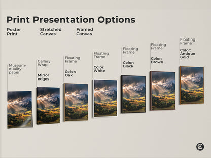 Explore print presentation options for sunbeam mountain landscape art. Choose from poster prints stretched canvas or framed canvas. Options include floating frames in black brown antique gold oak and white. Find the perfect rustic nature wall art for your home.