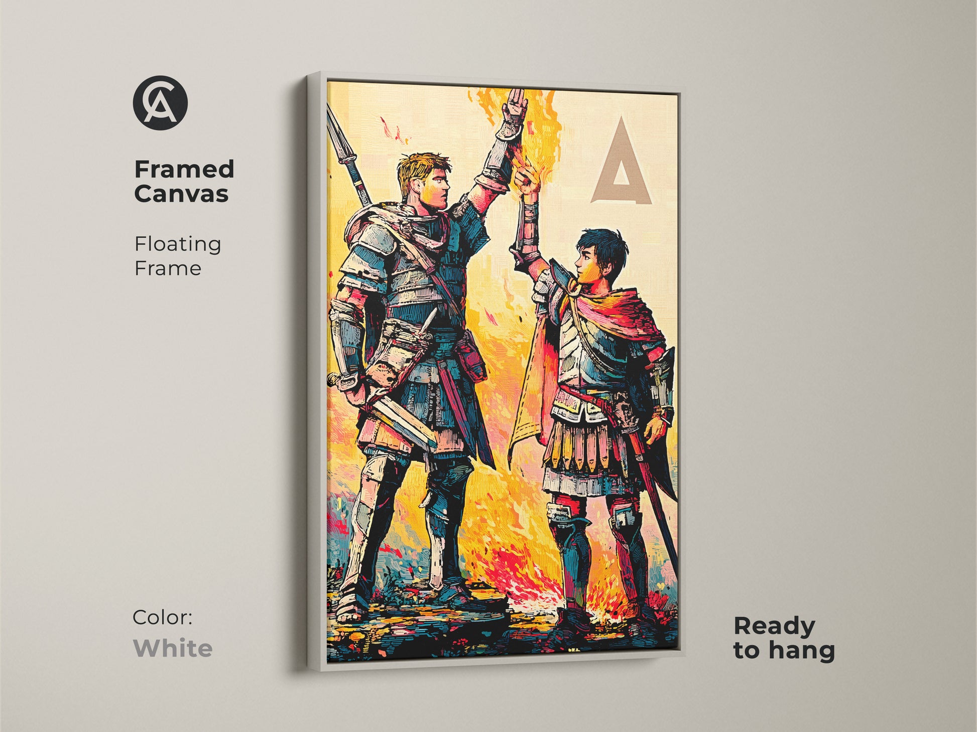 Create a unique wall art display with a framed fantasy artwork. This high contrast art print features knights in armor in a graphic novel style. The crimson teal and yellow add vibrancy.
